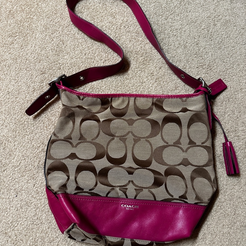 Coach Brown and Pink Crossbody Bag with Signature Monogram